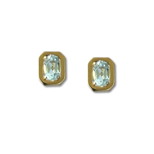 Aretes en oro amarillo 14k rectangulares con aquamarina ovalada y tope rosca