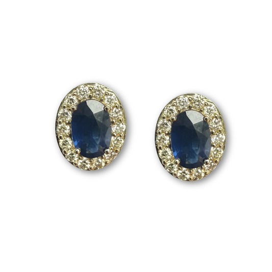 Arete en oro amarillo 10K con zafiros ovalados y halo de diamantes 0.35ctw con broche a rosca