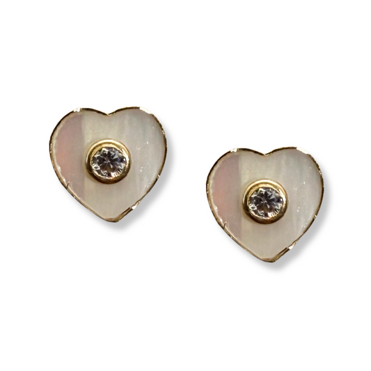 Aretes en oro amarillo 14 K con corazón de madre perla y circonita en el centro con tope rosca