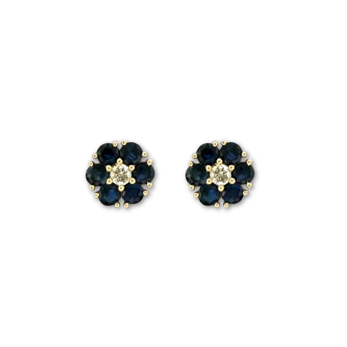 Aretes en oro amarillo 10K en forma de flor con zafiros redondos y diamantes central 0.10ctw