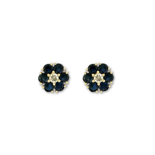 Aretes en oro amarillo 10K en forma de flor con zafiros redondos y diamantes central 0.10ctw