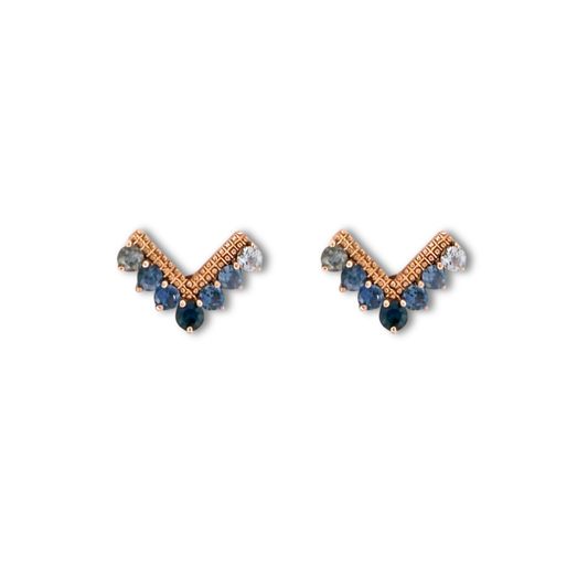 Aretes en forma de V en oro rosa 10K con zafiros y tanzanitas