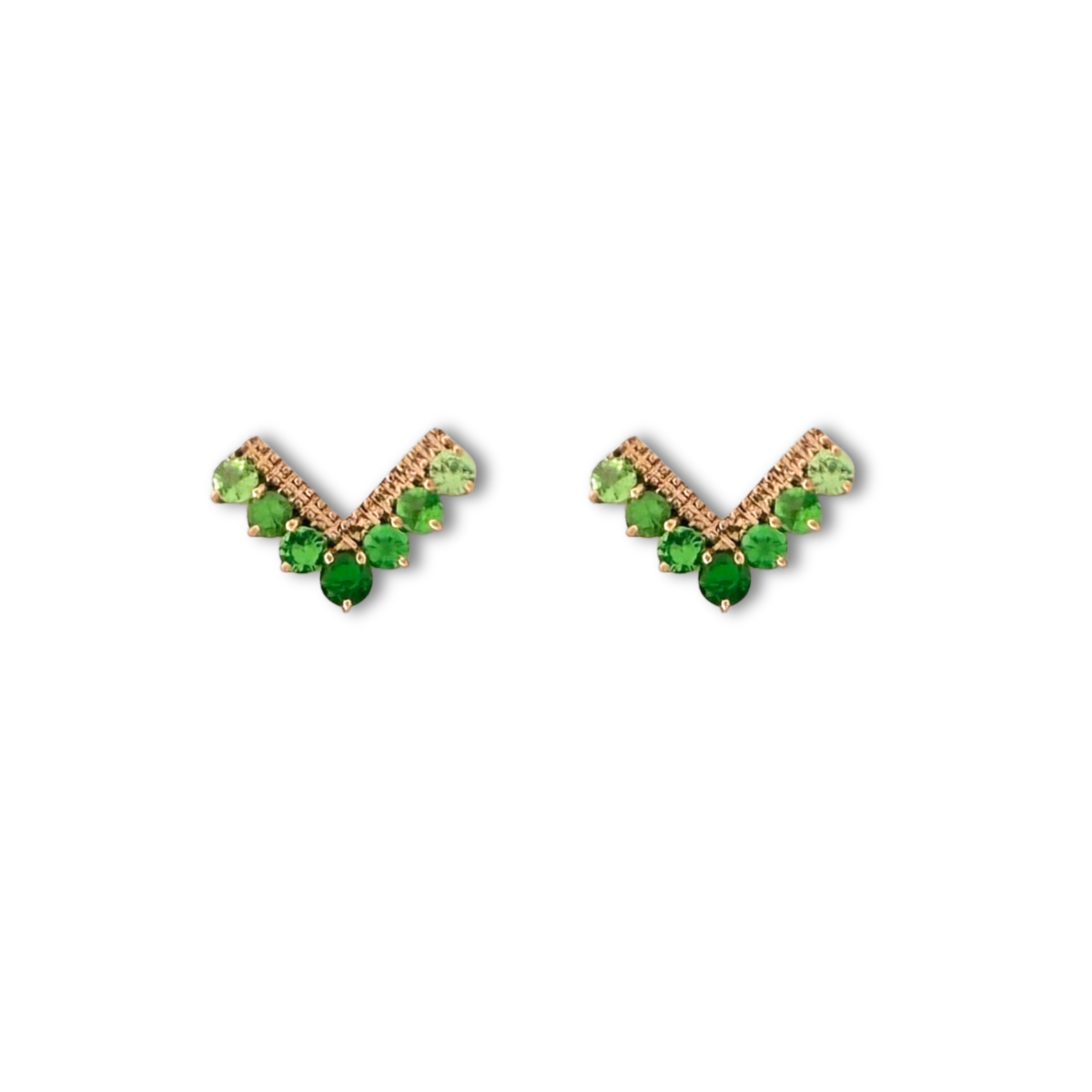 Aretes en forma de V en oro rosa 10K con esmeraldas granate Tsavorite y peridot
