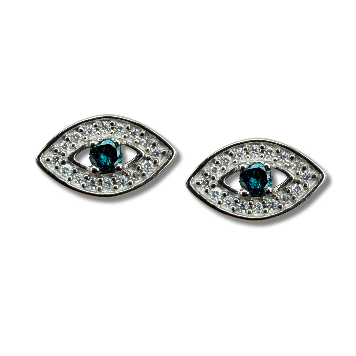 Aretes en oro blanco 10K de ojitos con diamantes azules y blancos 0.20ctw