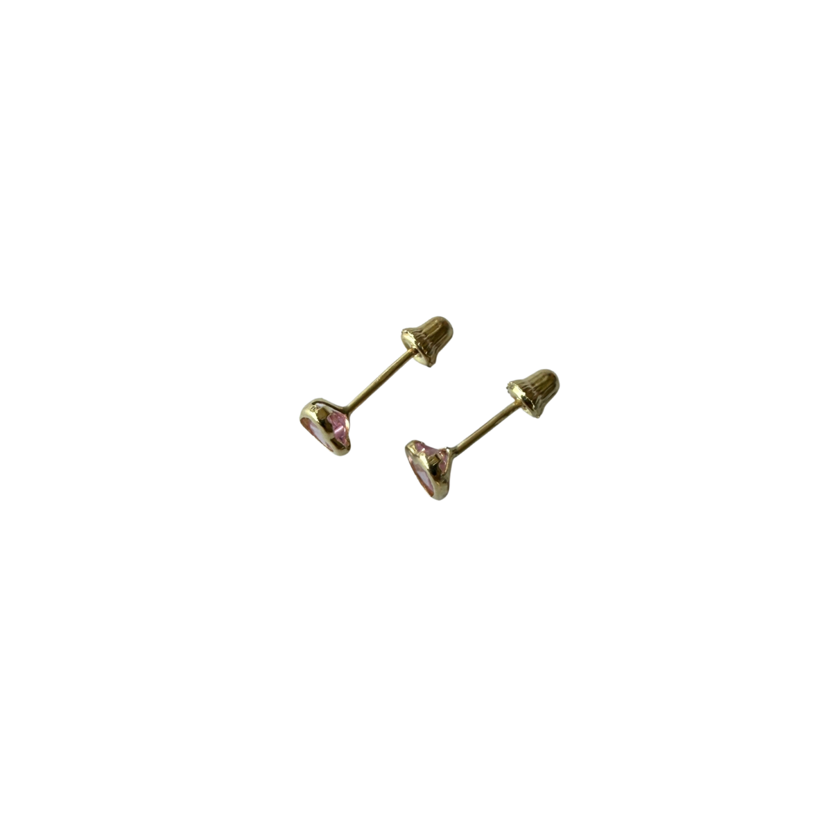 Aretes en oro amarillo 14k con corazón de circonita rosada biselado con tope rosca