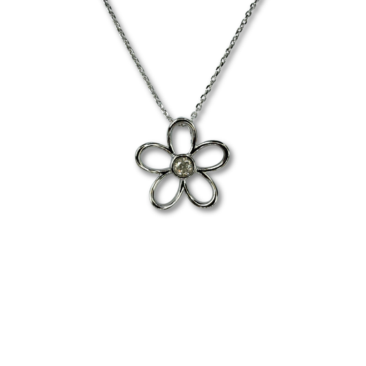 Collar flor delinada con diamante 0.10ct en el centro en plata