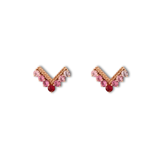 Aretes en forma de V en oro rosa 10K con rubíes y zafiros rosa