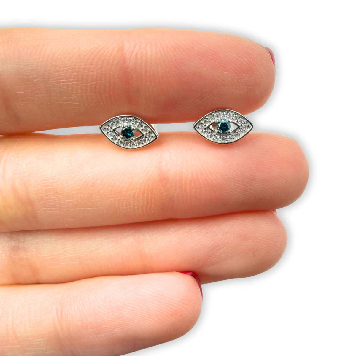 Aretes en oro blanco 10K de ojitos con diamantes azules y blancos 0.20ctw