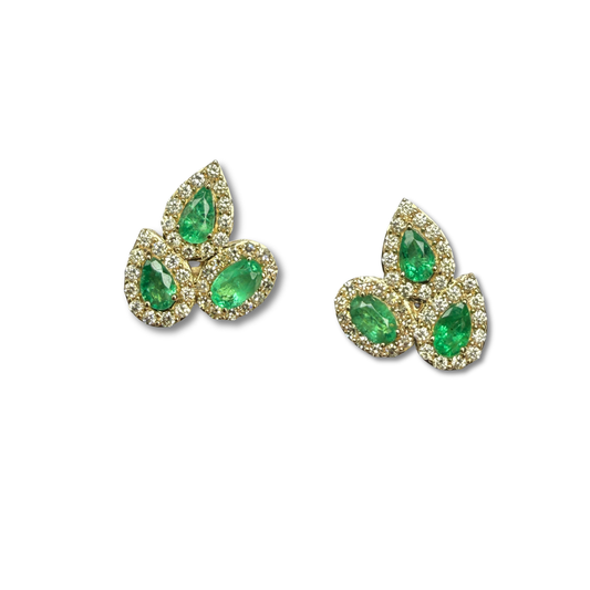 Aretes en oro amarillo 10k con forma de hojas de esmeraldas y diamantes 0.75ctw