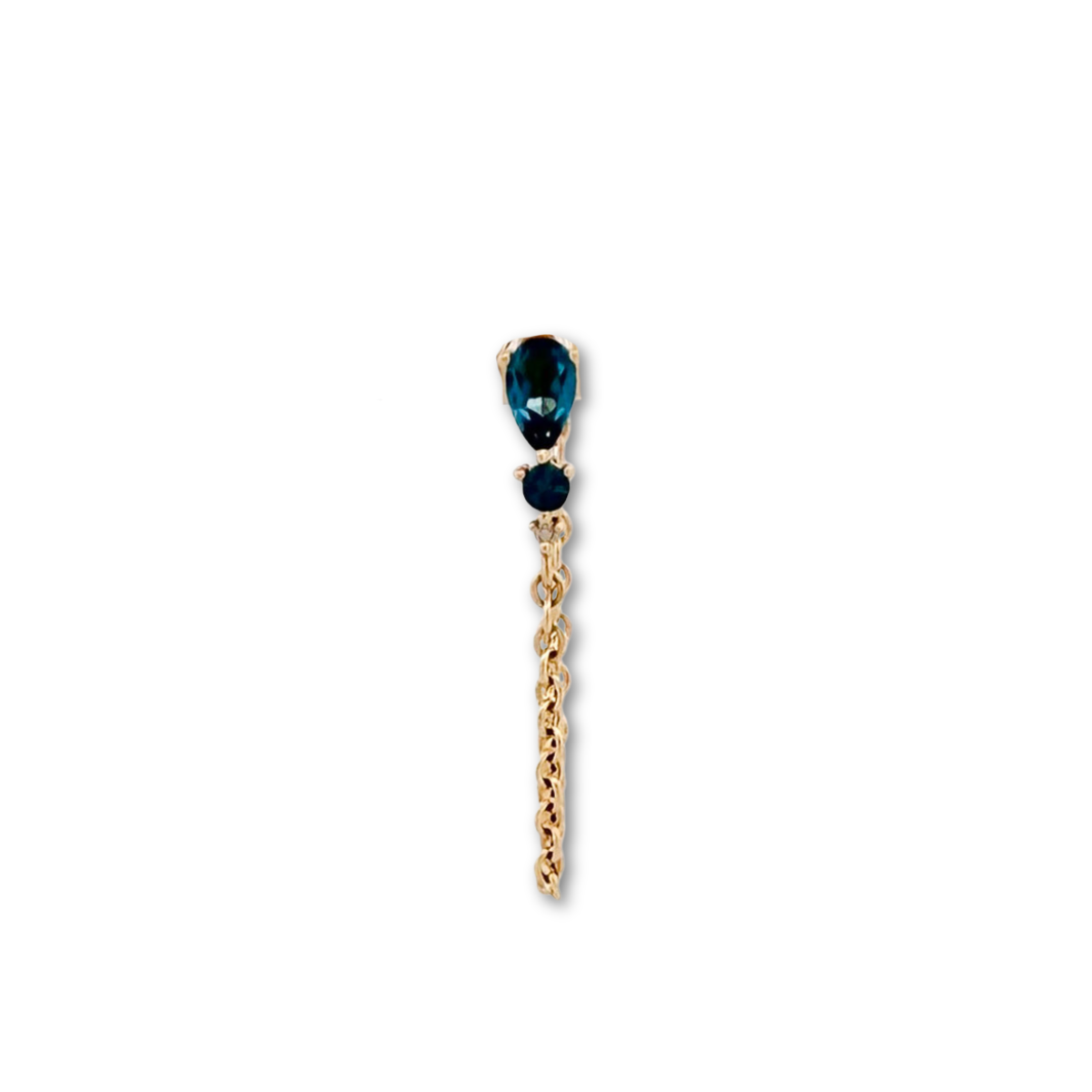 Arete en oro amarillo 14K con Topacio London Blue y diamante con cadena