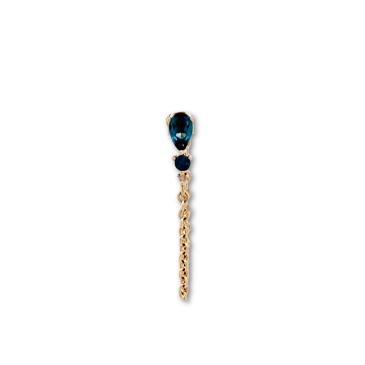 Arete single en oro amarillo 14K con Topacio London Blue y diamante con cadena