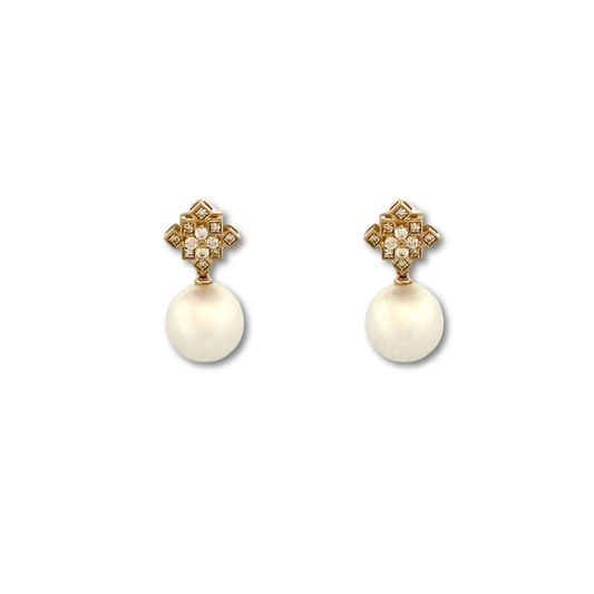 Aretes en oro amarillo 10K con diamantes 0.25ctw y perla redonda colgante