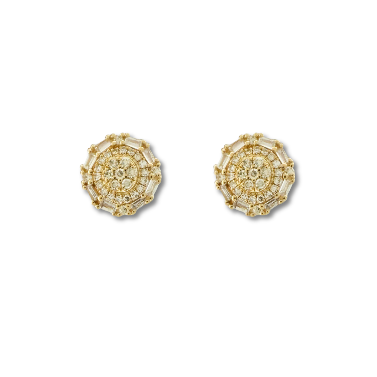Aretes en oro amarillo 10K con diamantes redondos y corte baguette 0.45ctw con tope rosca