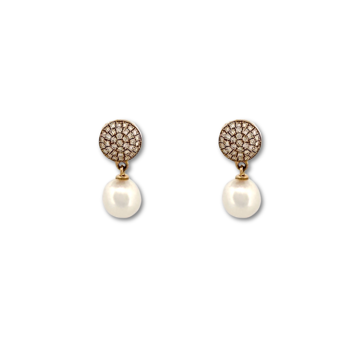 Aretes en amarillo 14K con círculo de diamantes 0.25ctw y perla colgante