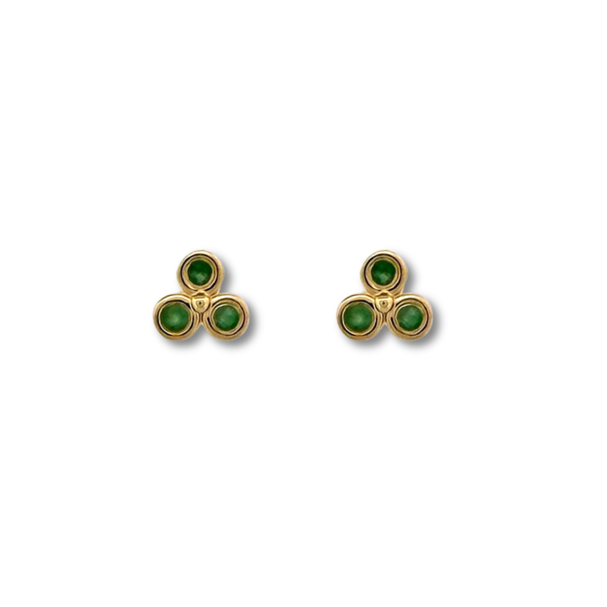 Aretes en oro amarillo 14K con tres esmeraldas redondas