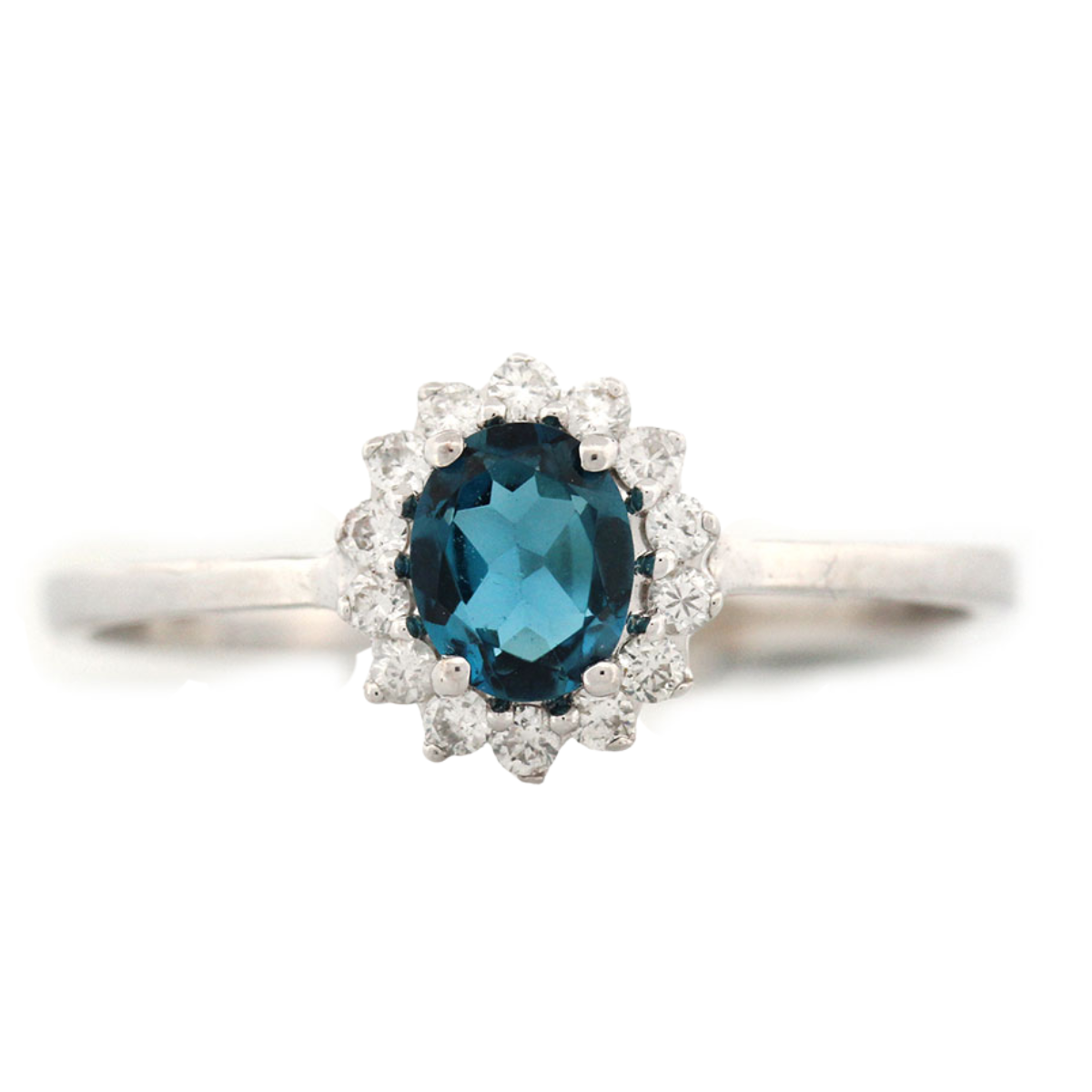 Anillo en oro blanco 10k con topacio london blue y halo de diamantes 0.11 ctw