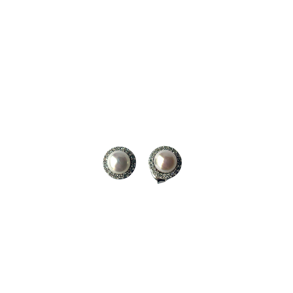 Aretes en plata con perla y halo de diamantes 0.10ctw