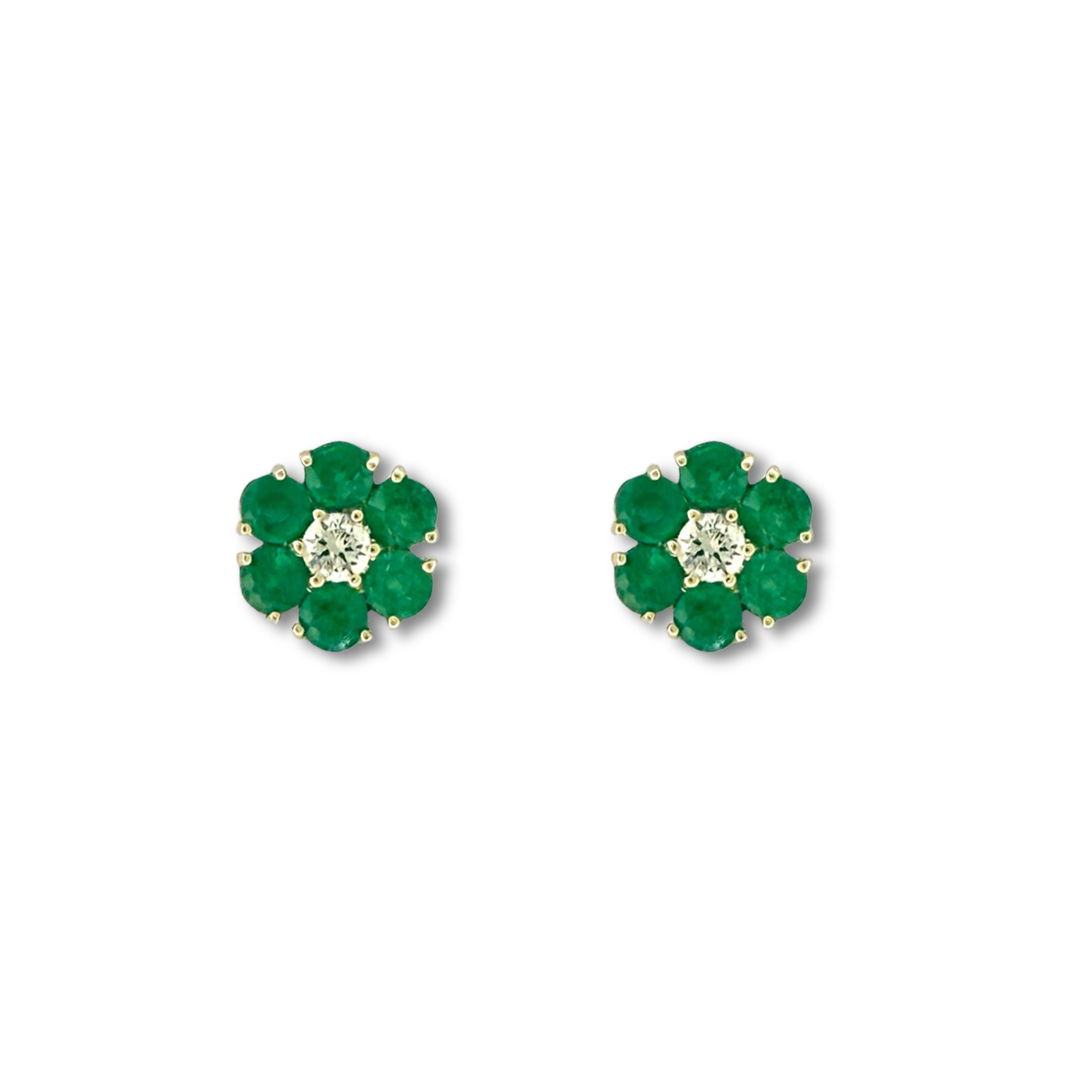 Aretes en oro amarillo 10K con flor de esmeraldas redondas y centro de diamantes 0.20ctw