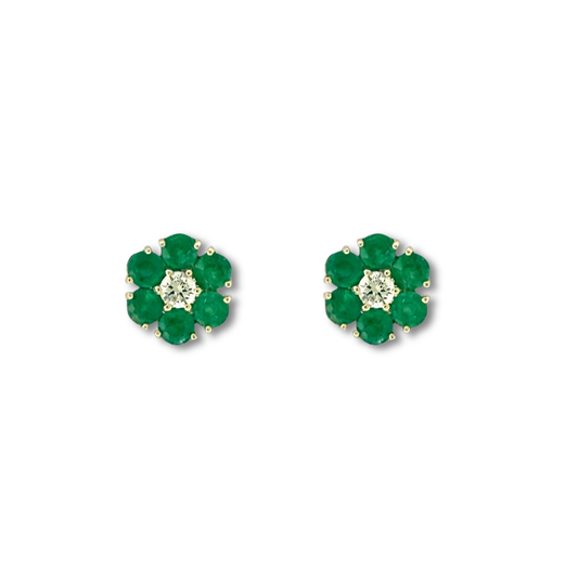 Aretes en oro amarillo 10K con flor de esmeraldas redondas y centro de diamantes 0.20ctw