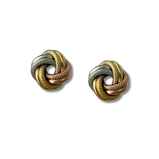 Aretes nudo de 3 oros con aros dobles con textura en oro 14k