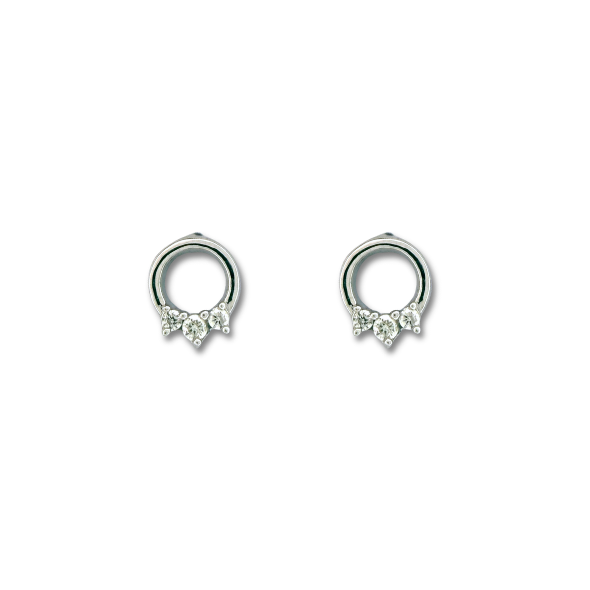 Aretes en plata mini círculo con tres diamantes 0.10ctw