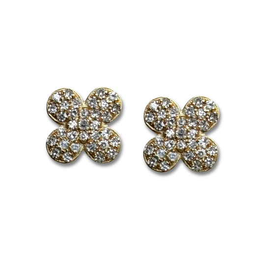 Aretes en oro amarillo 10k en forma de flor cuatro pétalos con diamantes 0.15ctw