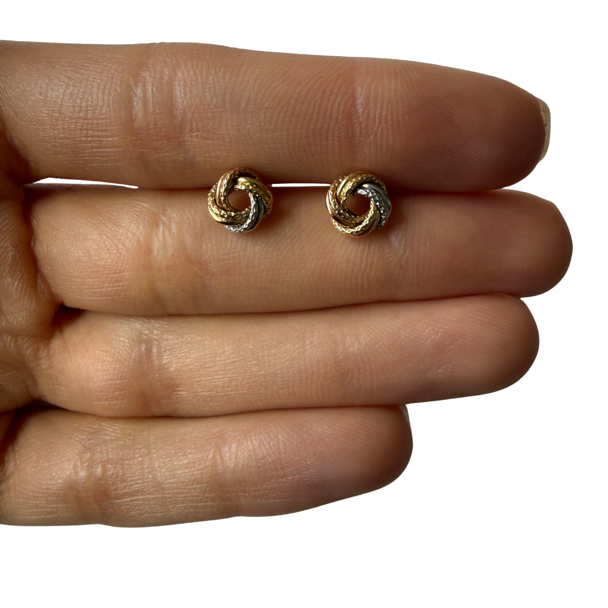 Aretes nudo en tres oros 18k con textura y tope rosca