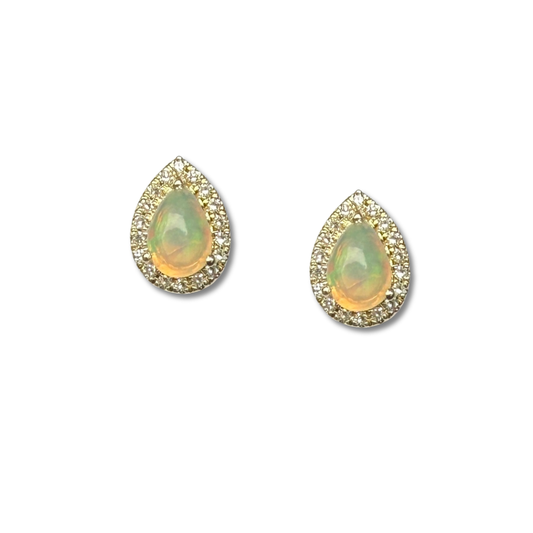 Aretes en oro amarillo 10k con opalos en forma de gota y halo de diamantes 0.18ctw