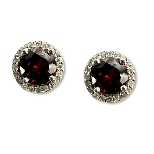 Aretes de plata con granate y halo de diamantes 0.10ctw