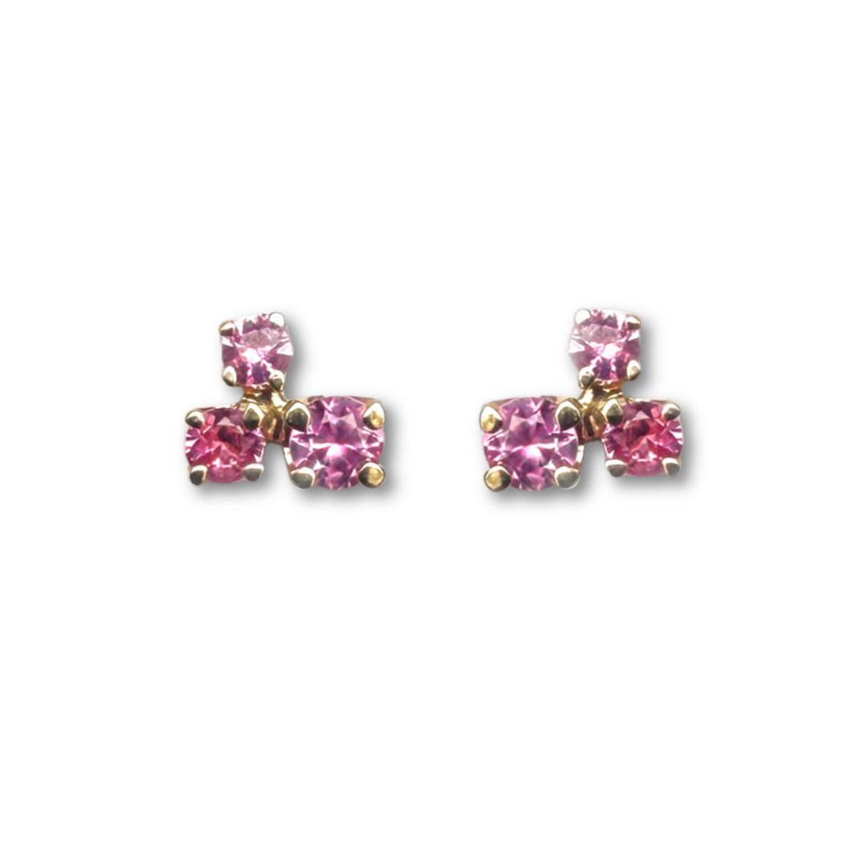 Aretes en oro amarillo 14K con tres zafiros rosa redondos