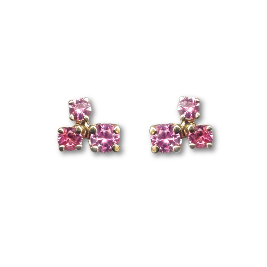 Aretes en oro amarillo 14K con tres zafiros rosa redondos