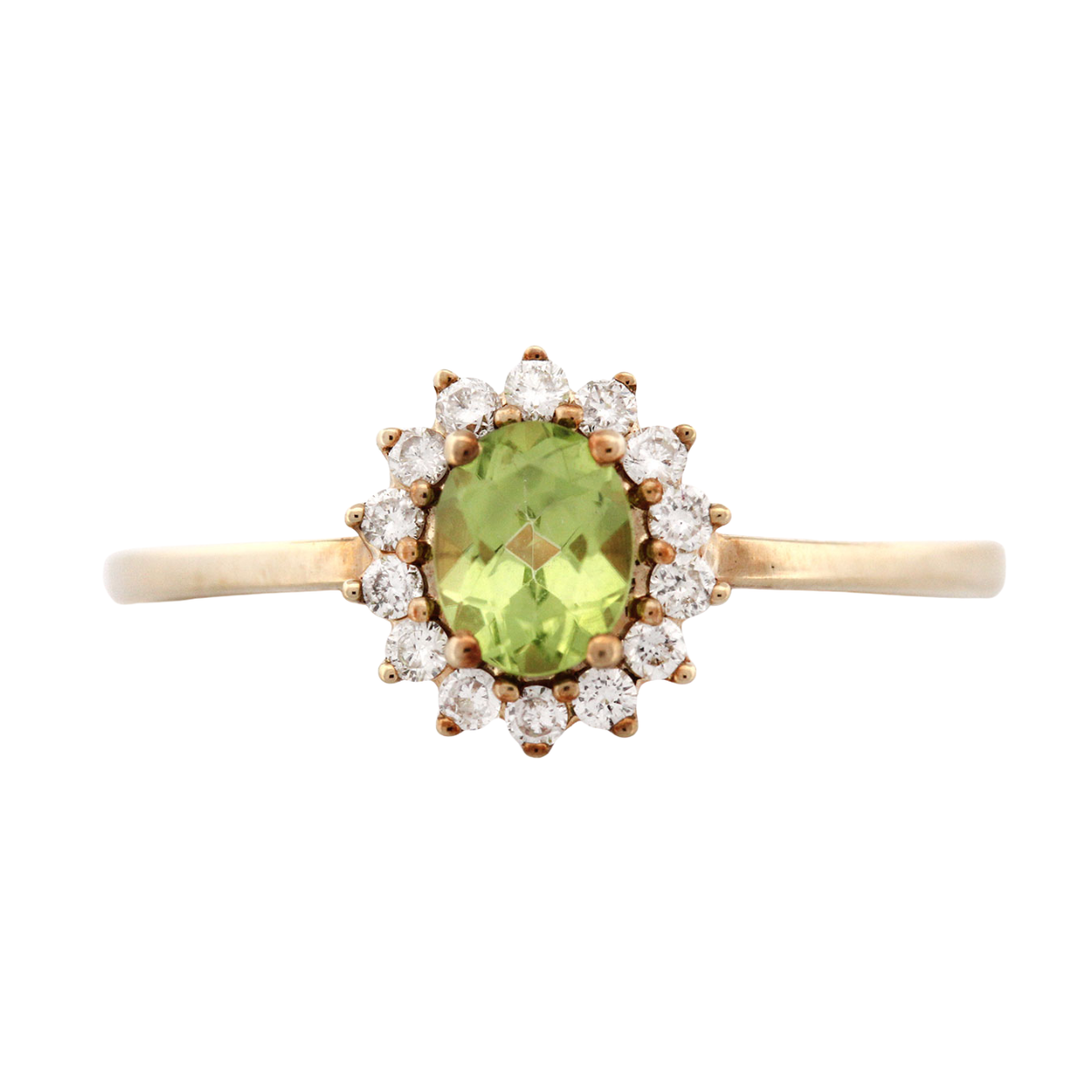 Anillo en oro amarillo 10k con peridot y halo de diamantes 0.11 ctw