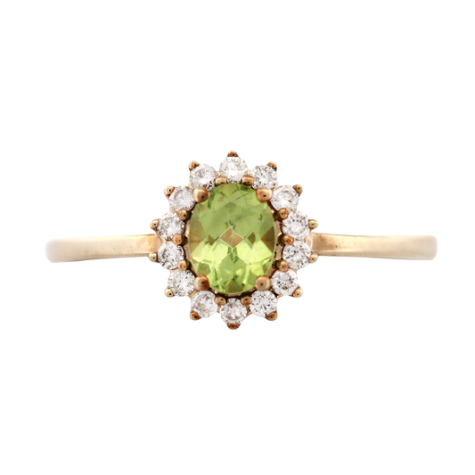 Anillo en oro amarillo 10k con peridot y halo de diamantes 0.11 ctw
