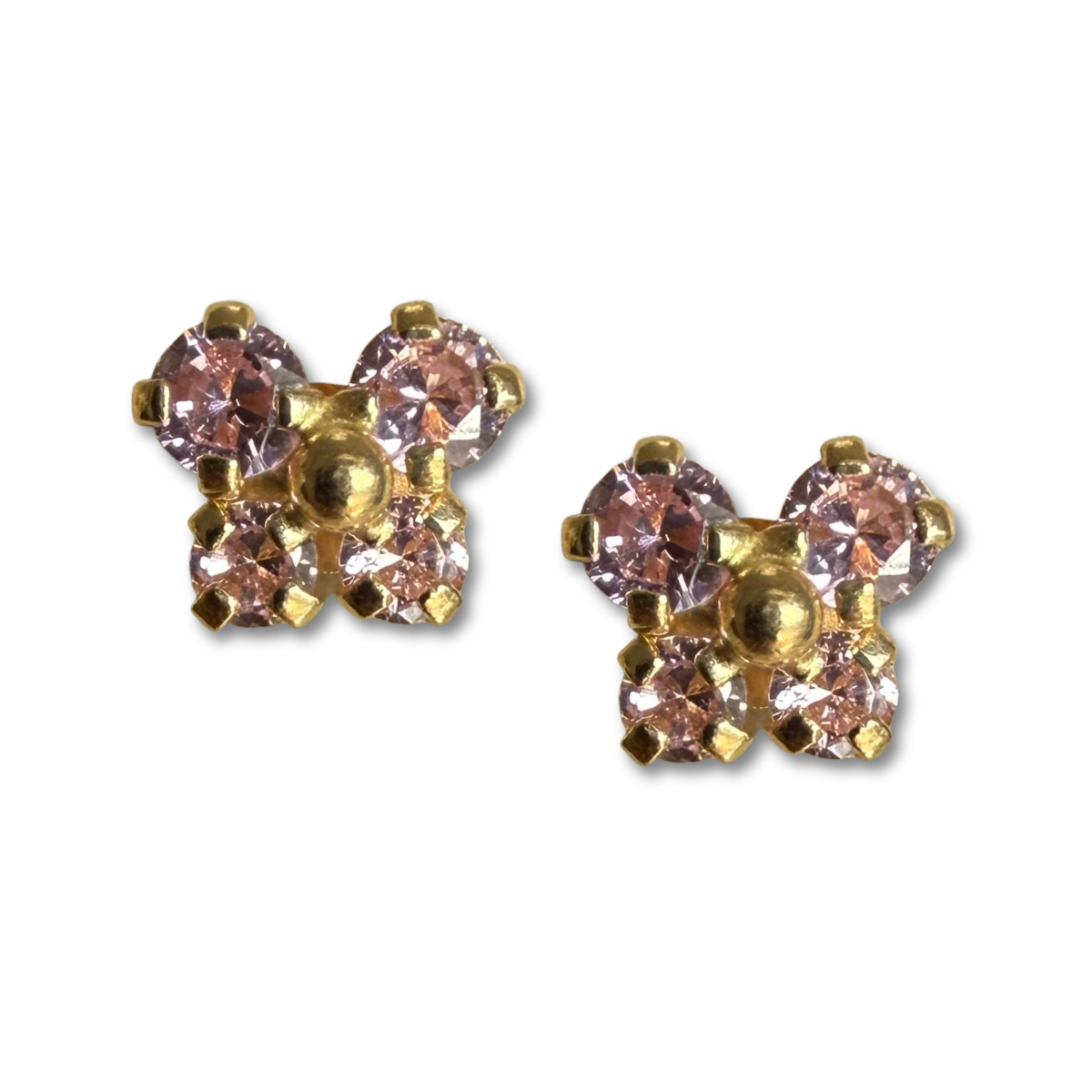Aretes en oro amarillo 14K con mariposa con circonita rosado y bolita de oro en el centro con tope rosca