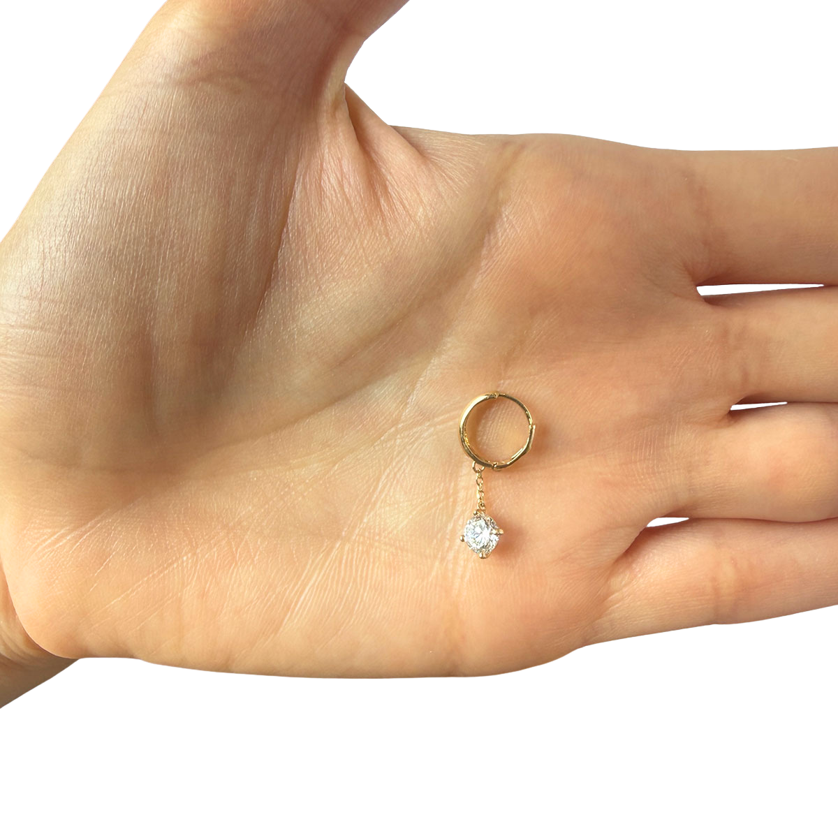 Argolla en oro amarillo 14k con cadena y stud de circonita colgante