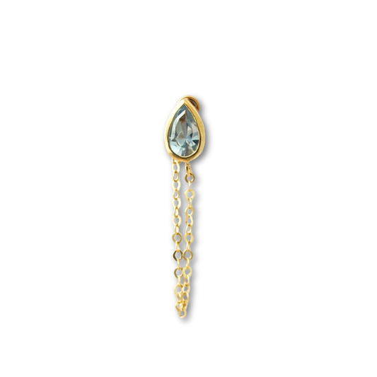 Arete en oro amarillo 14k con circonita gota celeste con cadena