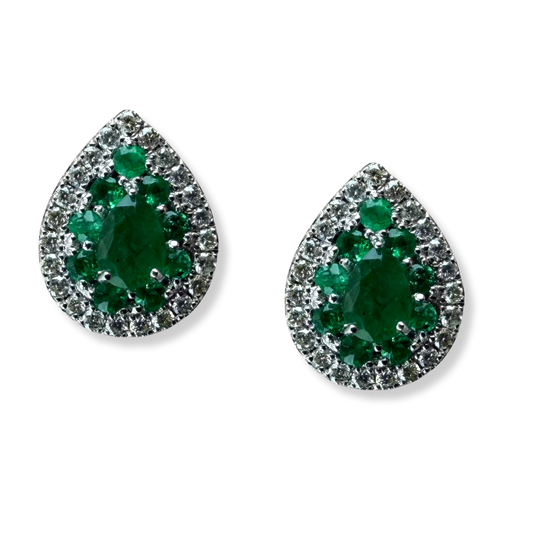 Aretes en forma de gota en oro blanco 14K con esmeraldas 0.43ctw y diamantes 0.20ctw