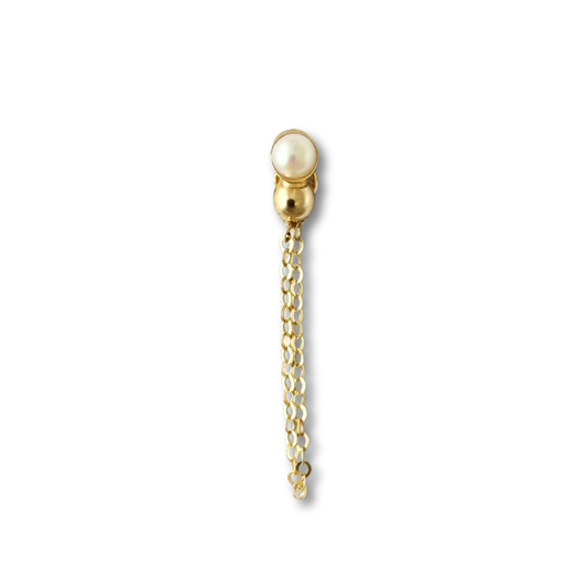 Arete en oro amarillo 14k con perla y bolita con cadena colgante