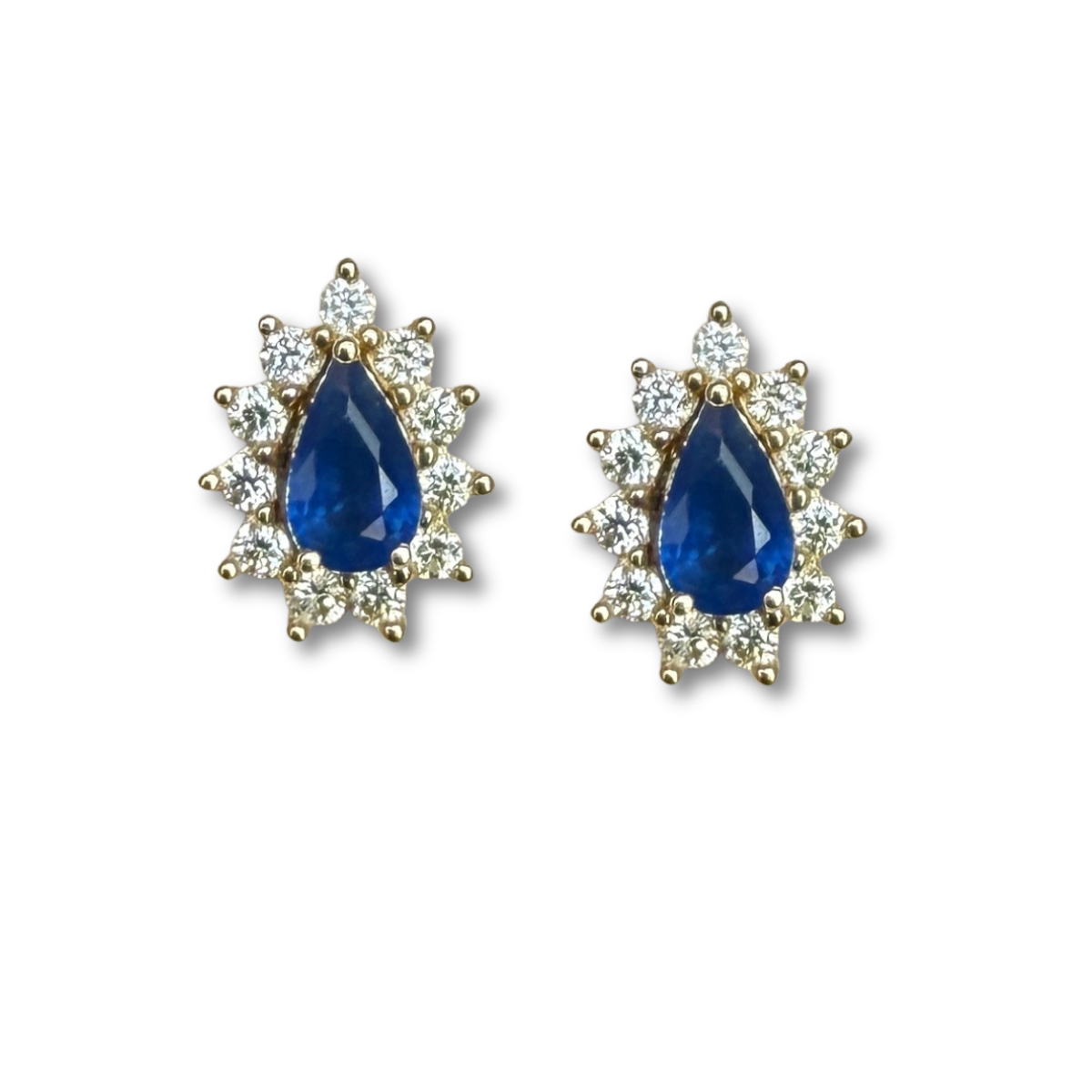 Aretes en oro amarillo 14K con zafiro corte pera y halo de diamantes 0.40ctw convertible