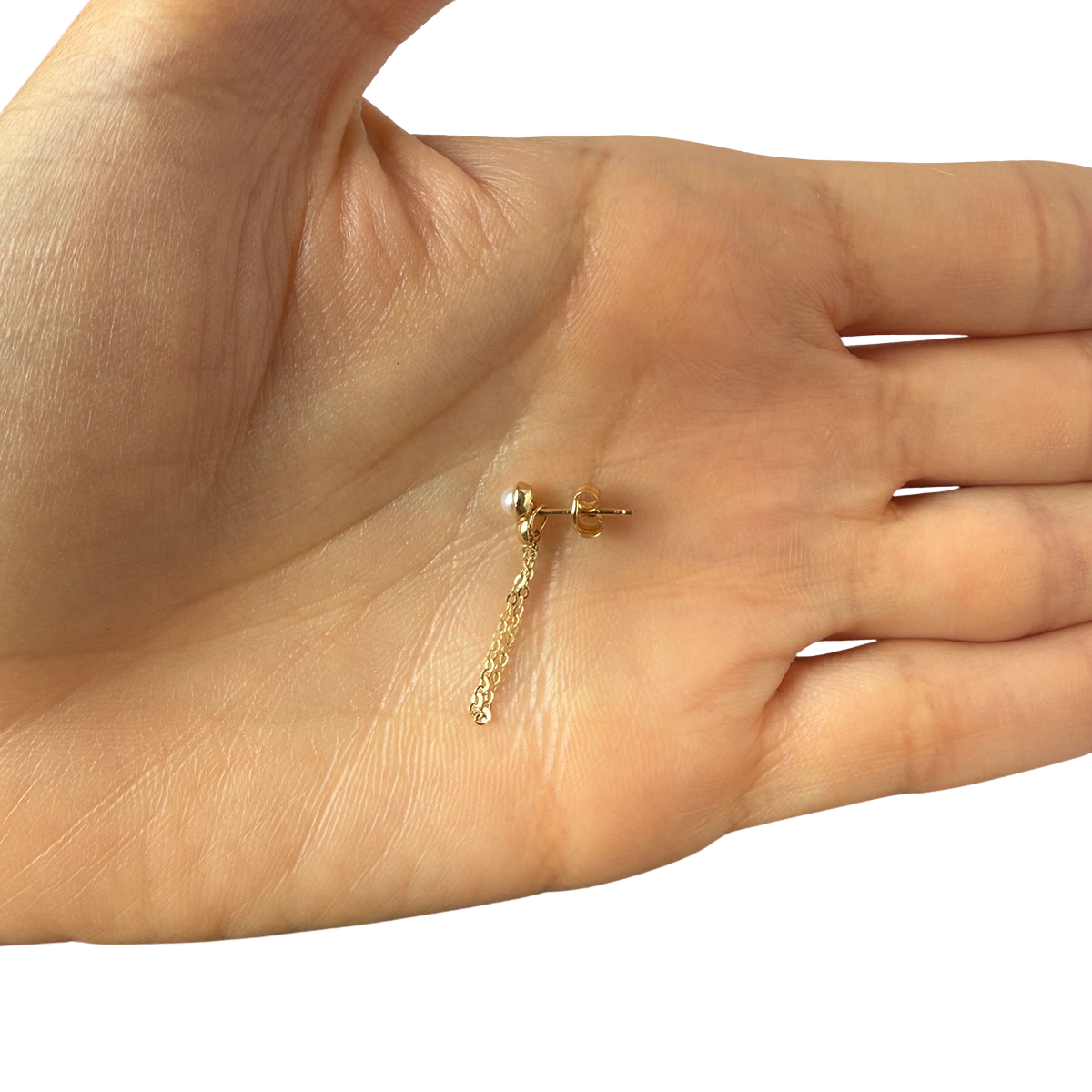 Arete en oro amarillo 14k con perla y bolita con cadena colgante