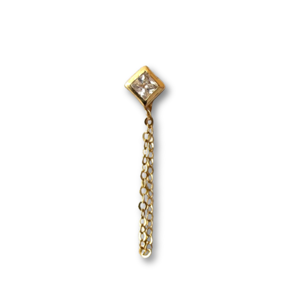 Arete en oro amarillo 14k con rombo de circonita y cadena colgante