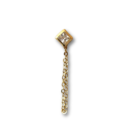 Arete en oro amarillo 14k con rombo de circonita y cadena colgante