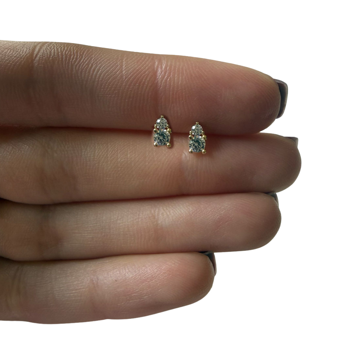 Aretes tu y yo de circonita blanca y blanca con tope rosca en oro amarillo 18K