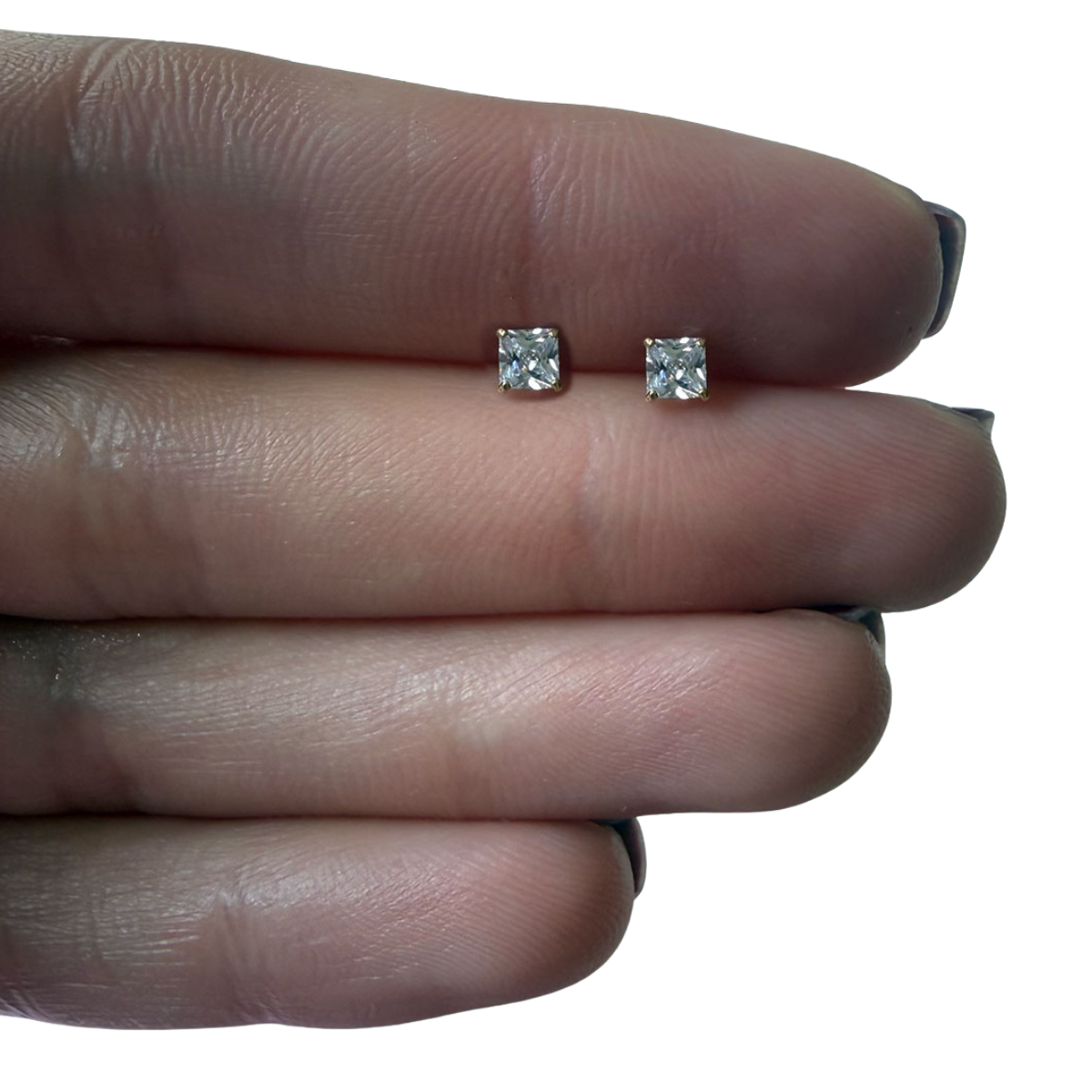 Aretes en oro amarillo 18K con circonita cuadrada blanca con tope rosca