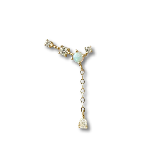 Arete en oro amarillo 14k con circonitas, ópalo sintético y cadena colgante