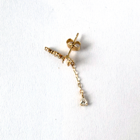 Arete en oro amarillo 14k con circonitas, ópalo sintético y cadena colgante
