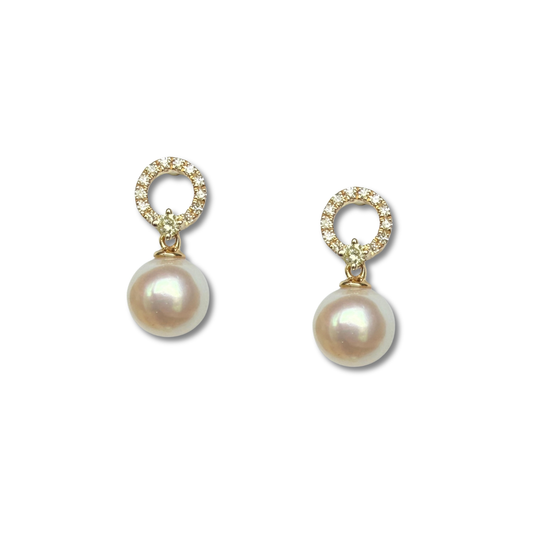 Aretes en oro amarillo 10k de circulo de diamantes 0.18ctw y perla colgante con broche a rosca