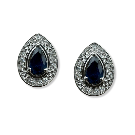 Aretes en oro blanco 10K con gota de zafiro y halo de diamantes 0.07ctw