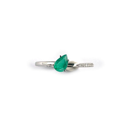 Anillo tu y yo en oro blanco 14k con esmeralda corte pera y diamantes 0.05ctw