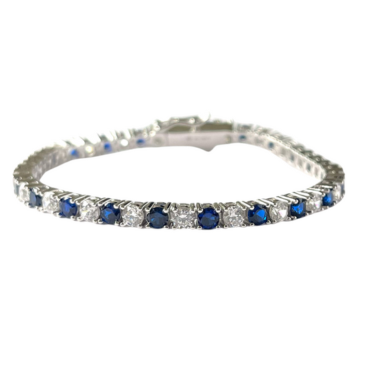 Pulsera tenis de plata con circonita azul y blanca